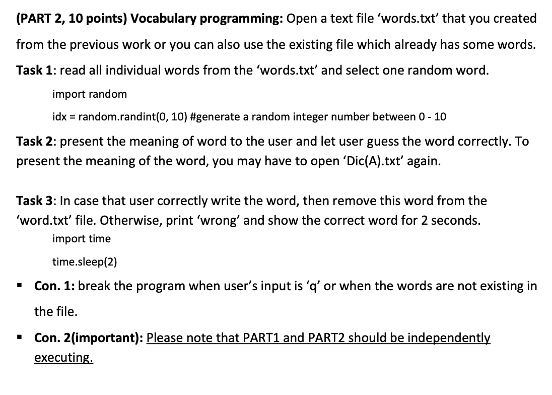 Solved (PART 2, 10 points) Vocabulary programming Open a