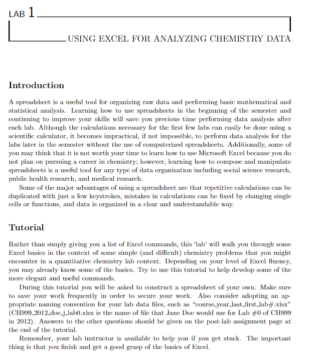 LAB 1 USING EXCEL FOR ANALYZING CHEMISTRY DATA | Chegg.com