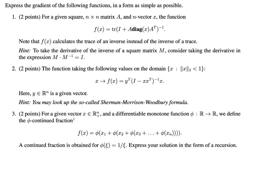 Express the gradient of the following functions, in a | Chegg.com