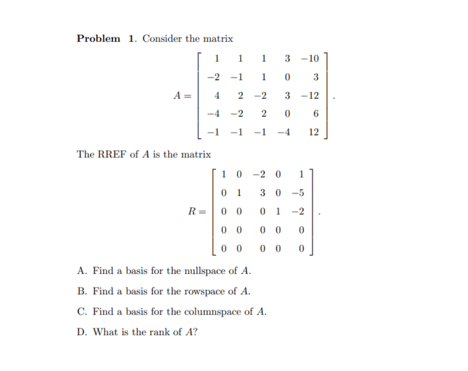 Solved Problem 1. Consider the matrix | Chegg.com