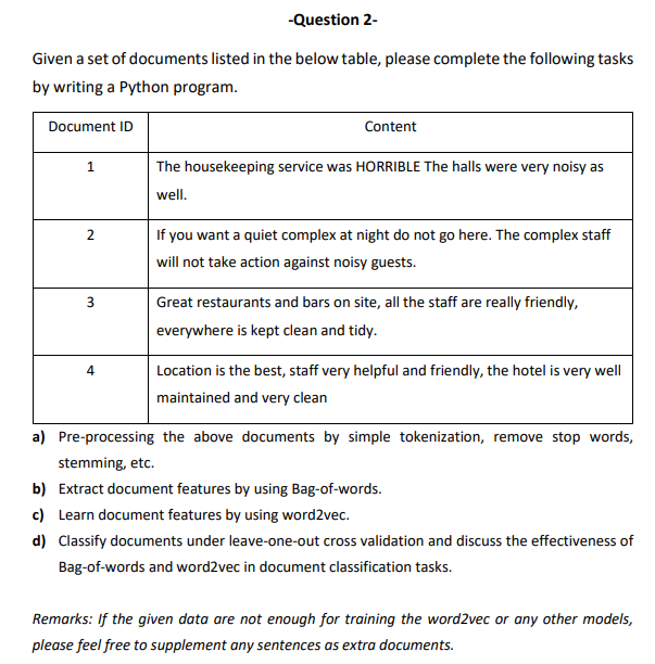 Solved -Question 2- Given A Set Of Documents Listed In The | Chegg.com