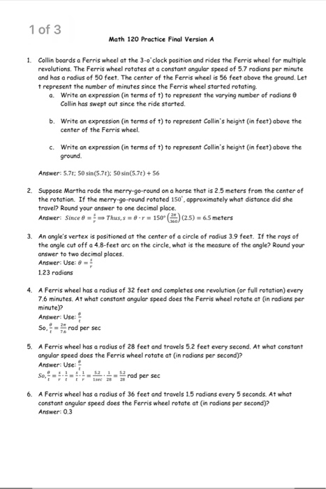 Solved 1 of 3 Math 120 Practice Final Version A Collin | Chegg.com