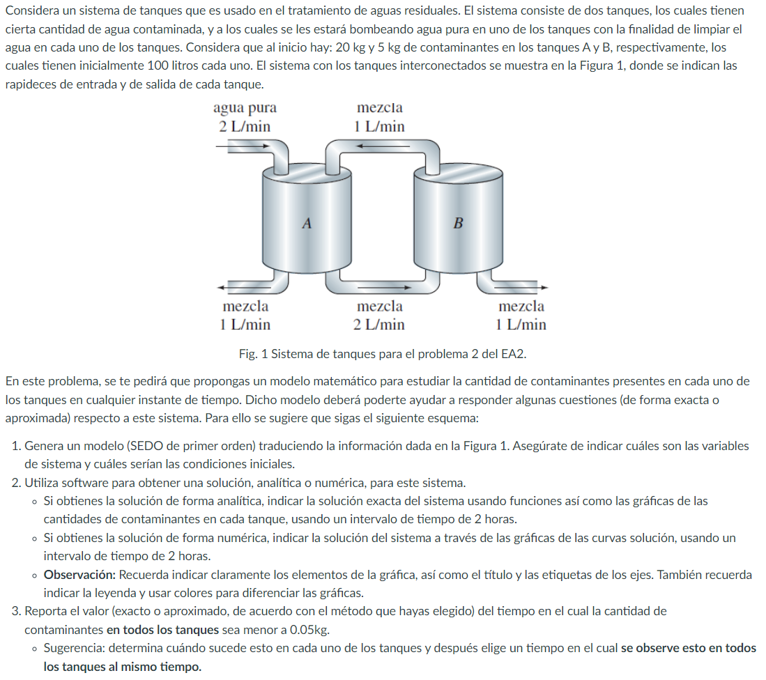 Considera un sistema de tanques que es usado en el tratamiento de aguas residuales. El sistema consiste de dos tanques, los c