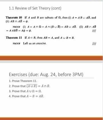 Solved 1.1 Review of Set Theory (cont) Theorem 10 A and are | Chegg.com