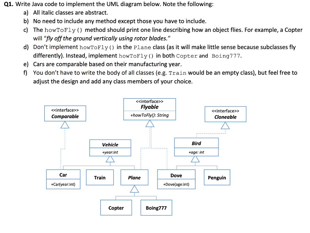 Solved Q1. Write Java code to implement the UML diagram | Chegg.com