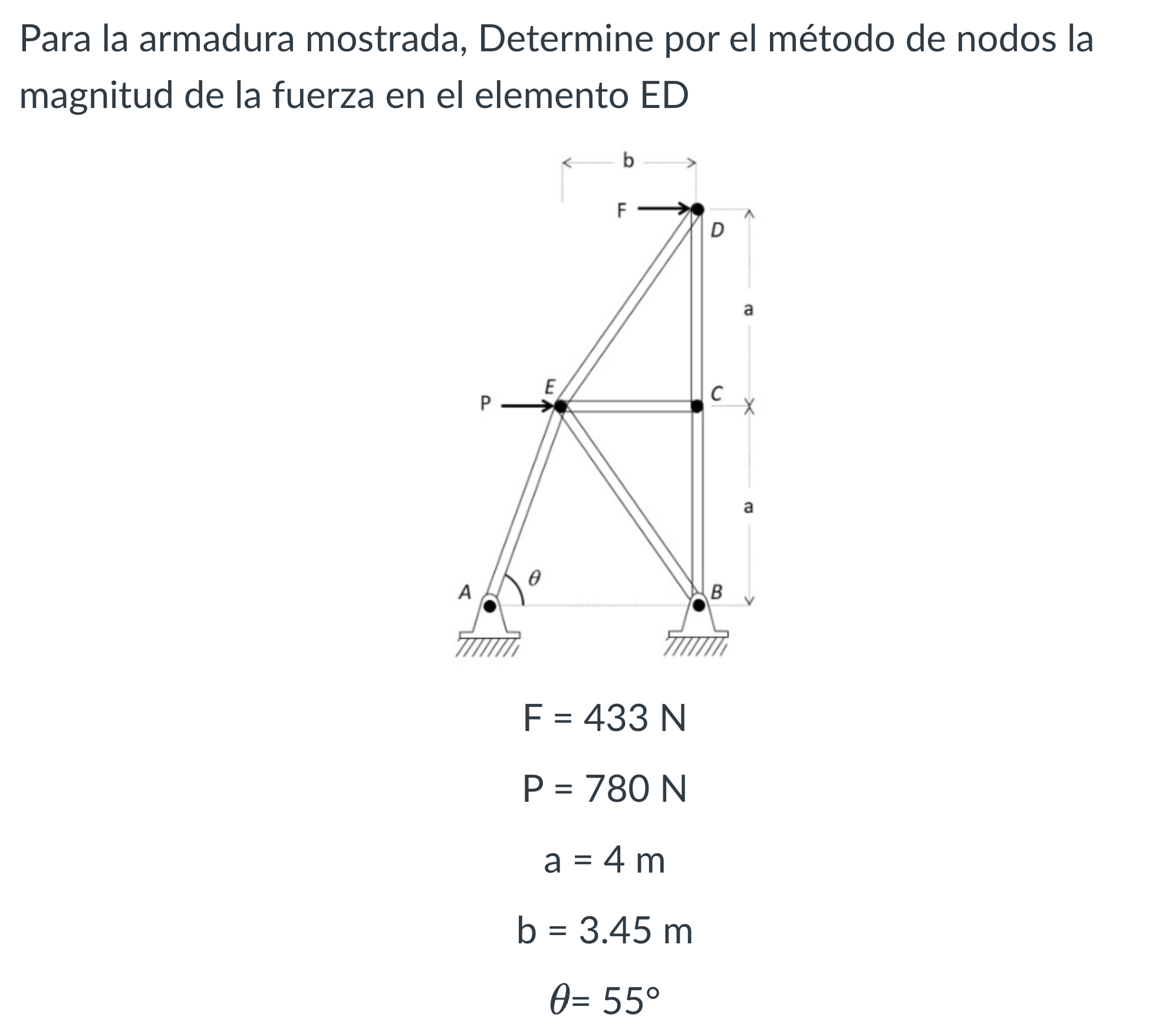 Para la armadura mostrada, Determine por el método de nodos la magnitud de la fuerza en el elemento ED \[ \begin{array}{c} F=