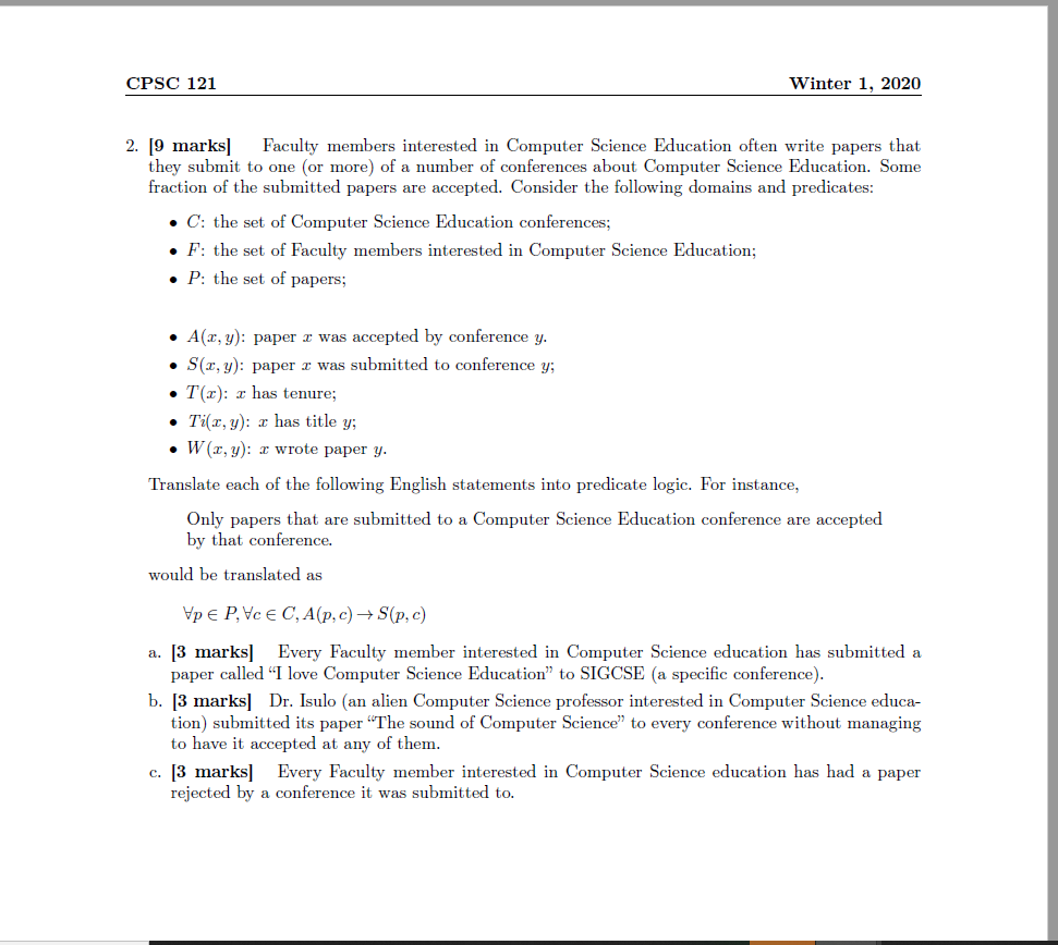 CPSC 121 Winter 1, 2020 3. [9 marks] Using the same | Chegg.com