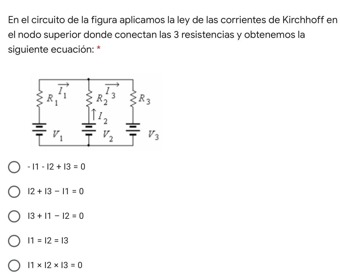 En el circuito de la figura aplicamos la ley de las corrientes de Kirchhoff en el nodo superior donde conectan las 3 resisten