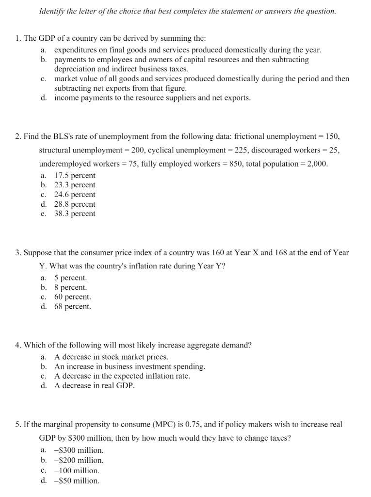 Solved Identify the letter of the choice that best completes | Chegg.com