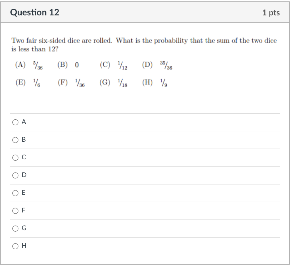 Solved Question 12 1 Pts Two Fair Six-sided Dice Are Rolled. | Chegg.com