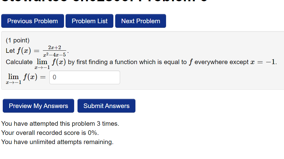 Solved 1 Point Let Fxx2−4x−52x2 Calculate Limx→−1fx 0132