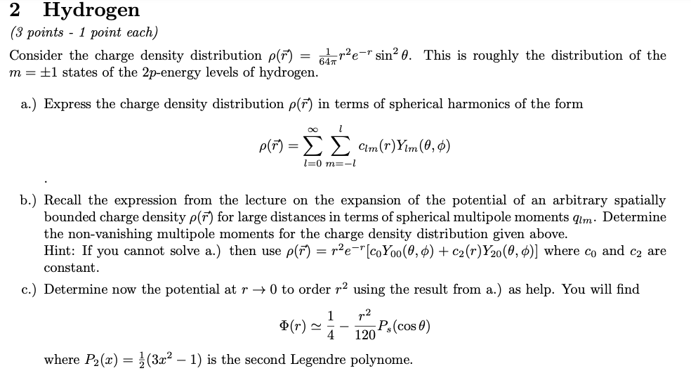 Solved (3 points - 1 point each) Consider the charge density | Chegg.com