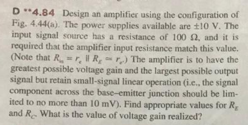 Solved D*4.84 Design an amplifier using the configuration of | Chegg.com
