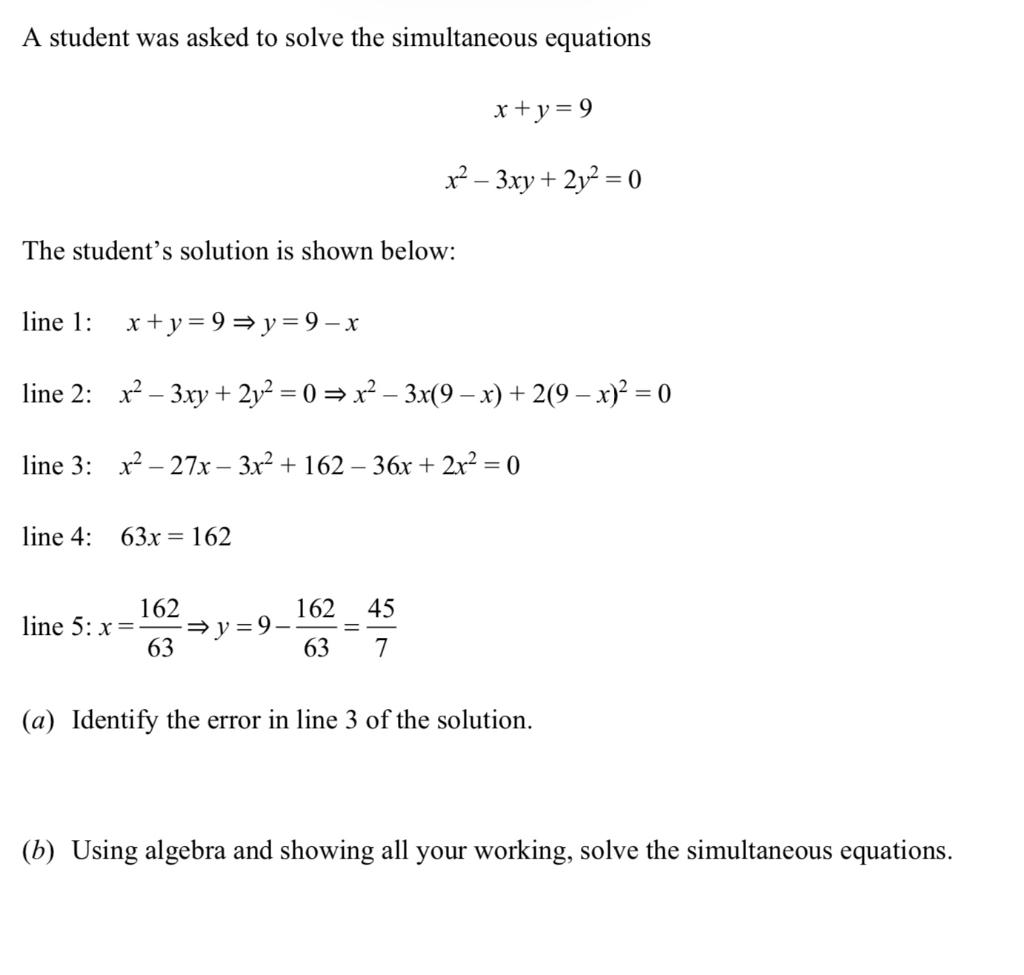 Solved A student was asked to solve the simultaneous | Chegg.com