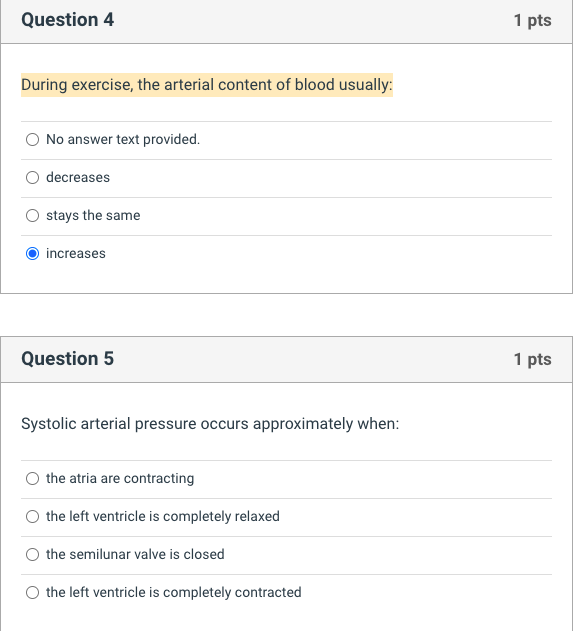 Solved During exercise, the arterial content of blood | Chegg.com