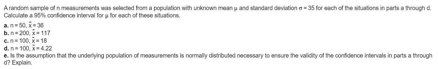 Solved A random sample of n measurements was selected from a | Chegg.com