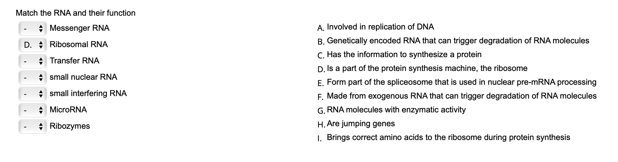 Solved Match the RNA and their function Messenger RNA D. A | Chegg.com
