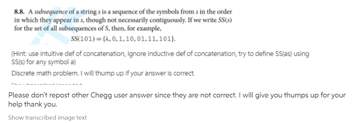 Solved 8.8. A subsequence of a string s is a sequence of the | Chegg.com