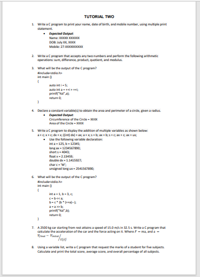 Solved 1. Weite a C pregram to print yeur name, date of | Chegg.com