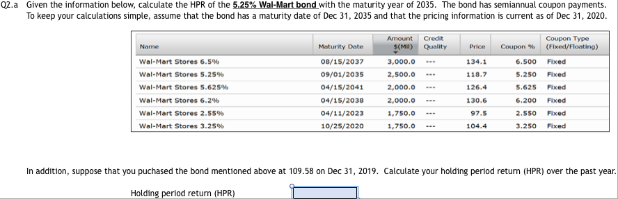 Q2.a Given the information below, calculate the HPR of the 5.25% Wal-Mart bond with the maturity year of 2035. The bond has s