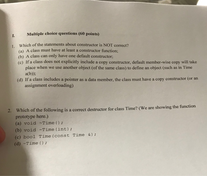 Solved Multiple choice questions (60 points) I. 1. Which of | Chegg.com