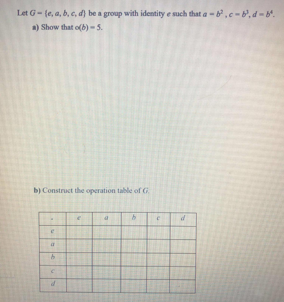Solved Let G = {e, a, b, c, d} be a group with identity e | Chegg.com