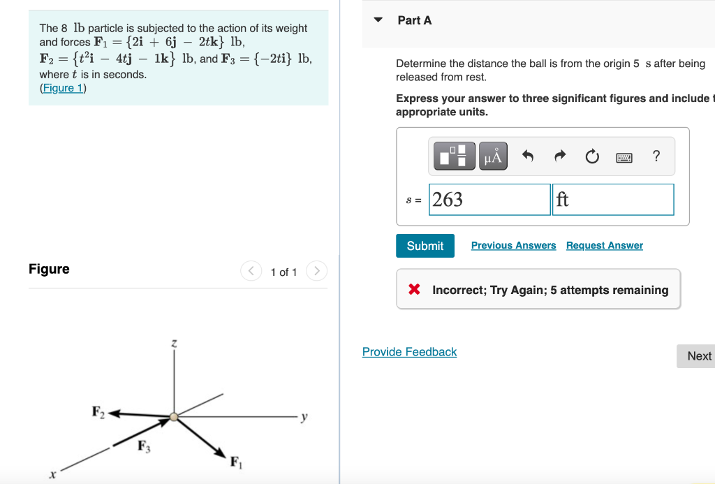 The \( 8 \mathrm{lb} \) particle is subjected to the action of its weight and forces \( \mathbf{F}_{1}=\{2 \mathbf{i}+6 \math