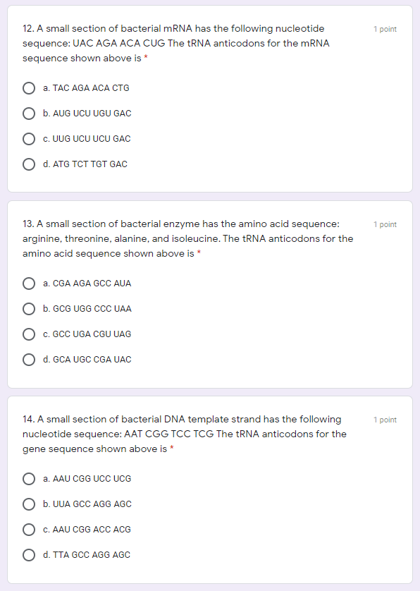 Solved 1 point 12. A small section of bacterial mRNA has the | Chegg.com