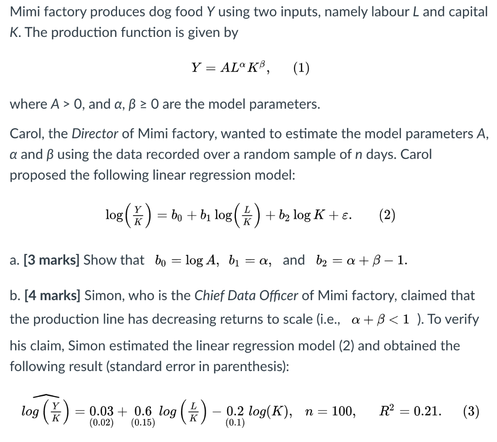 Mimi Factory Produces Dog Food Y Using Two Inputs Chegg Com