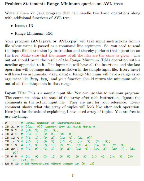 Problem Statement: Range Minimum queries on AVL trees | Chegg.com