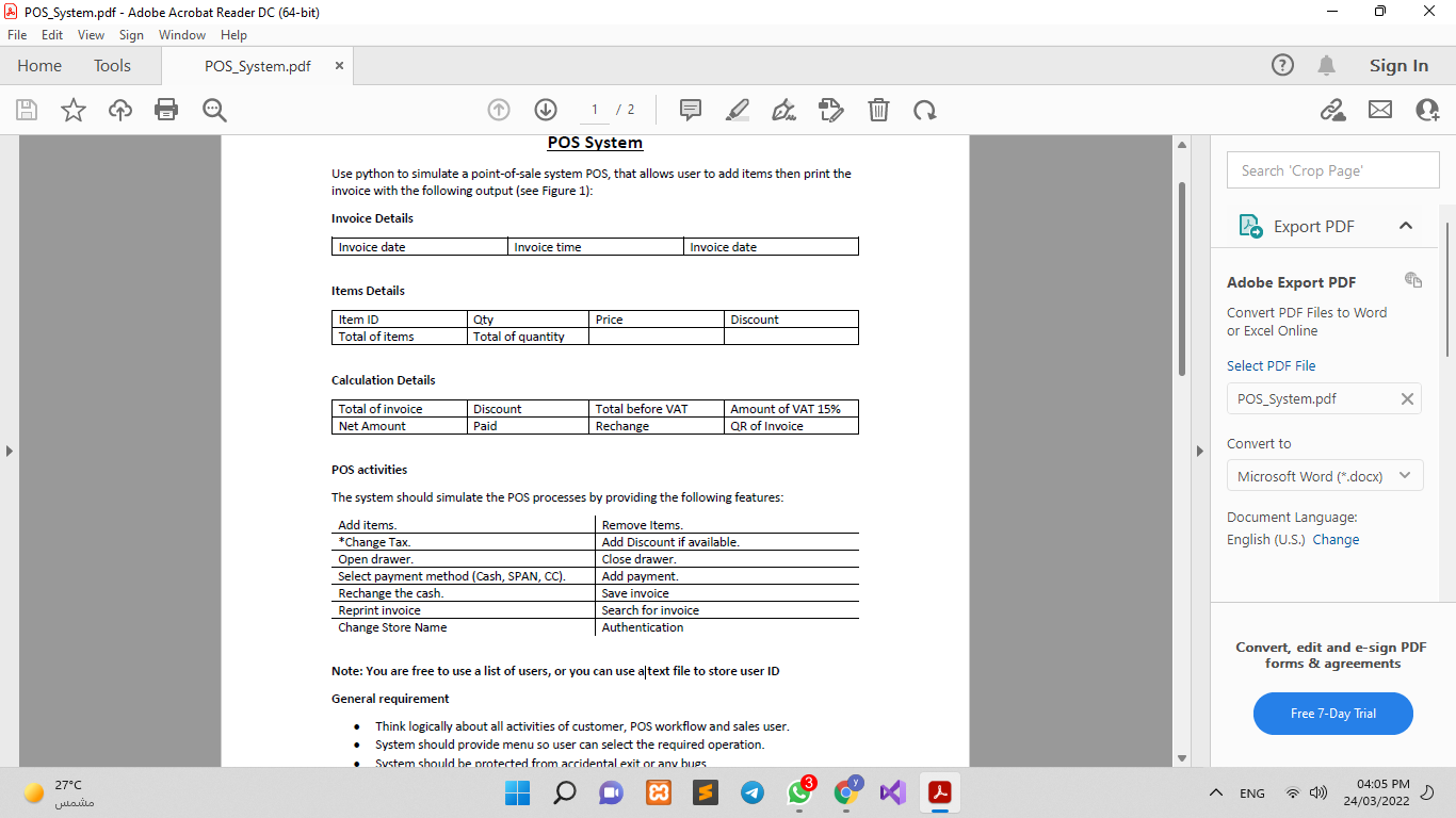 - х A POS_System.pdf - Adobe Acrobat Reader DC | Chegg.com