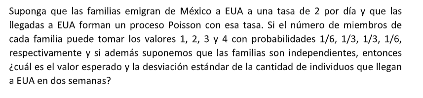 Suponga que las familias emigran de México a EUA a una tasa de 2 por día y que las llegadas a EUA forman un proceso Poisson c