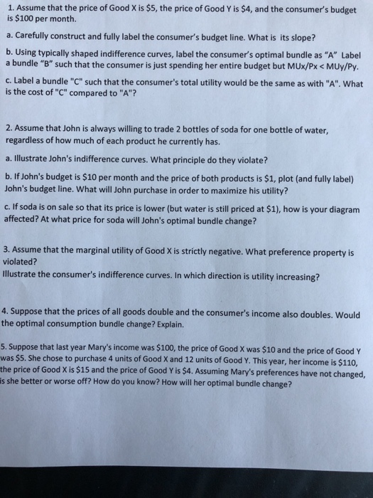 Solved 1. Assume that the price of Good X is $5, the price | Chegg.com