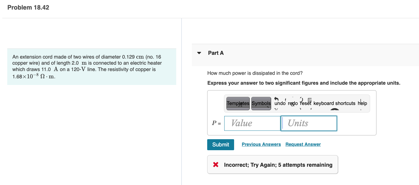 Solved An extension cord made of two wires of diameter 0.129