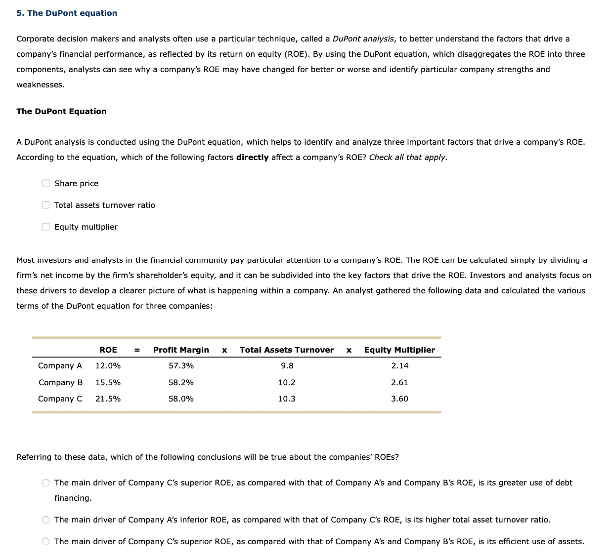 Solved 5. The DuPont Equation Corporate Decision Makers And | Chegg.com