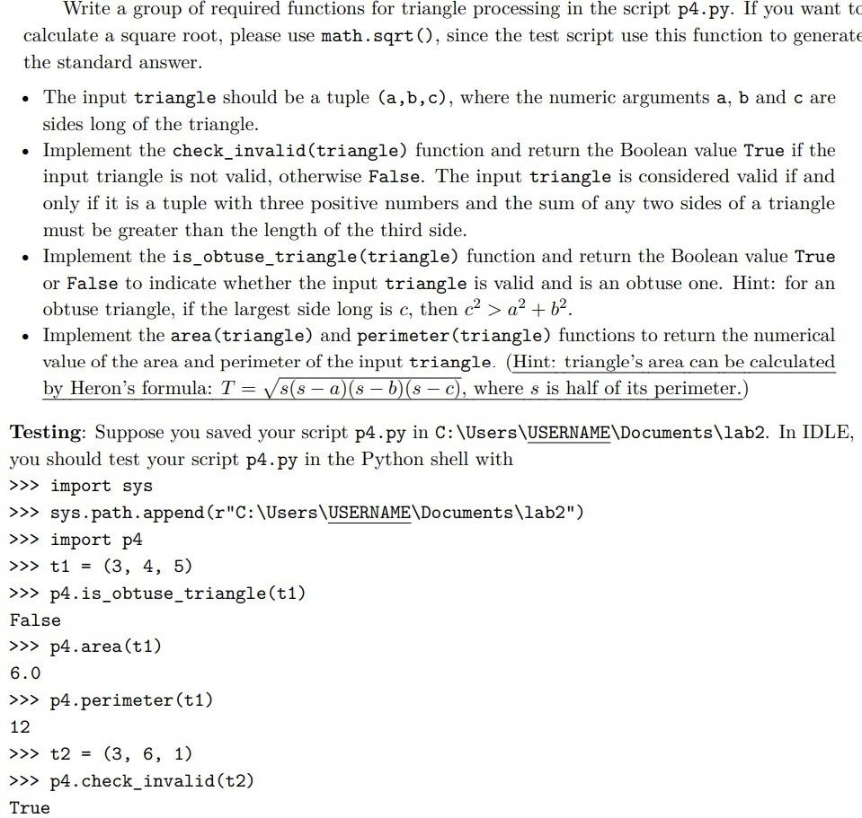 Write a group of required functions for triangle | Chegg.com