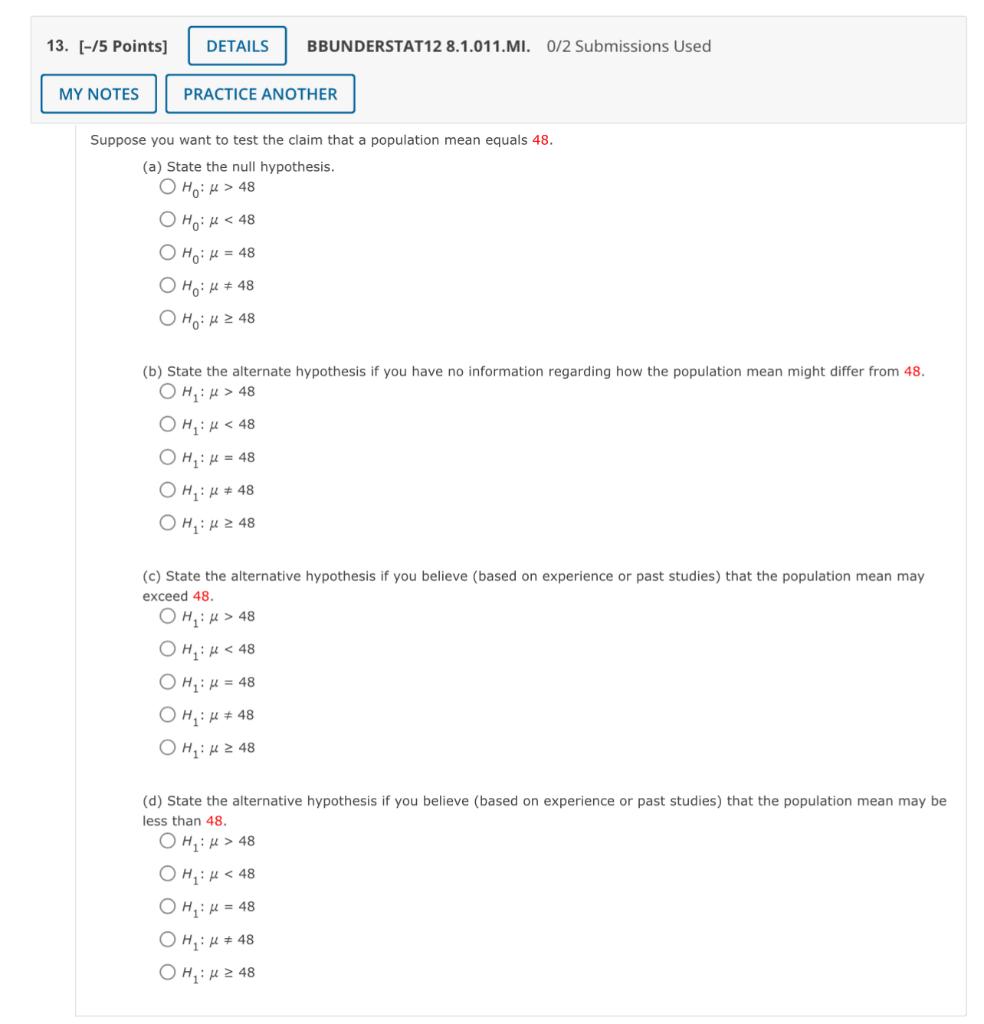 null hypothesis population mean