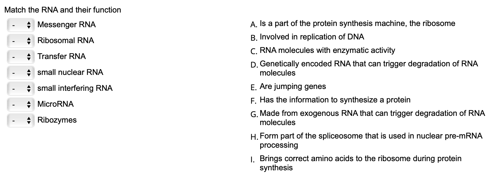 Solved Match The RNA And Their Function Messenger RNA A | Chegg.com