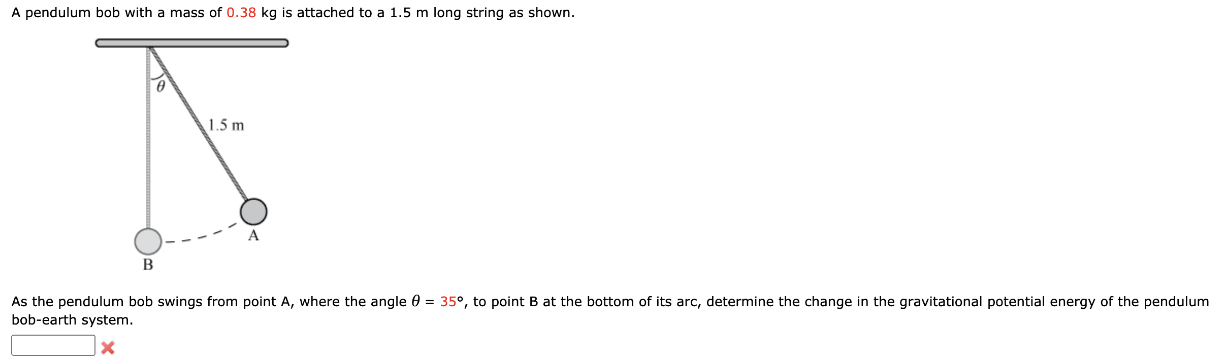 Solved A pendulum bob with a mass of 0.38 kg is attached to | Chegg.com