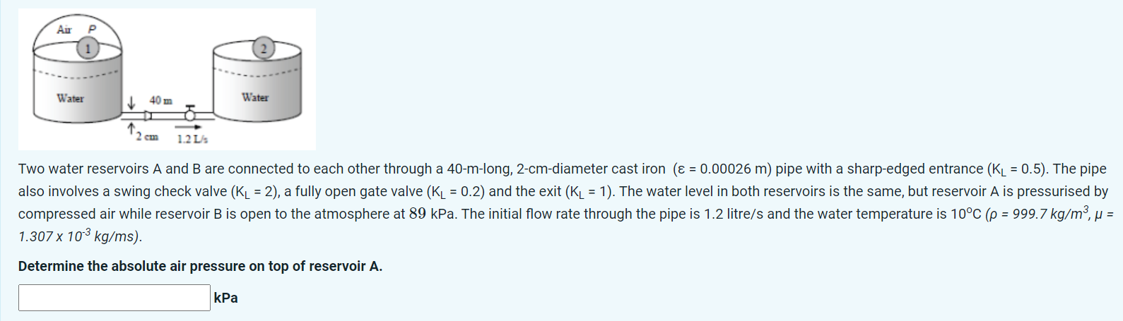 Solved Two water reservoirs A and B are connected to each | Chegg.com