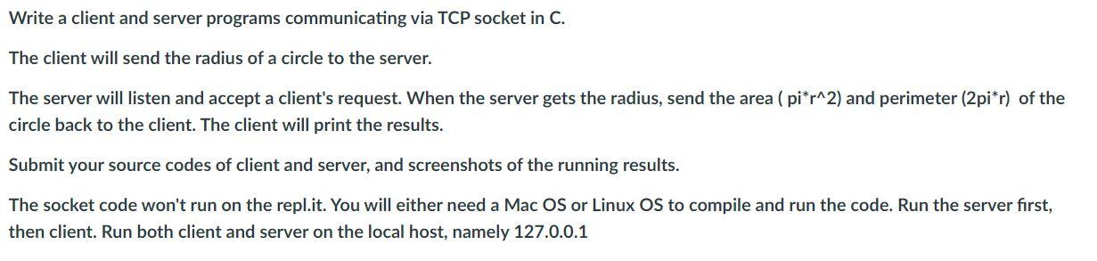 Solved Write a client and server programs communicating via | Chegg.com