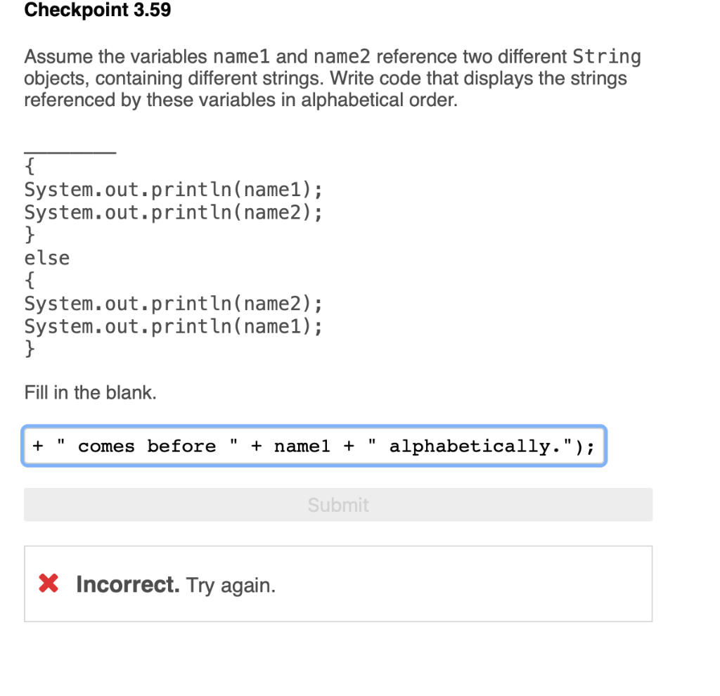 Solved Checkpoint 3.59 Assume the variables name1 and name2