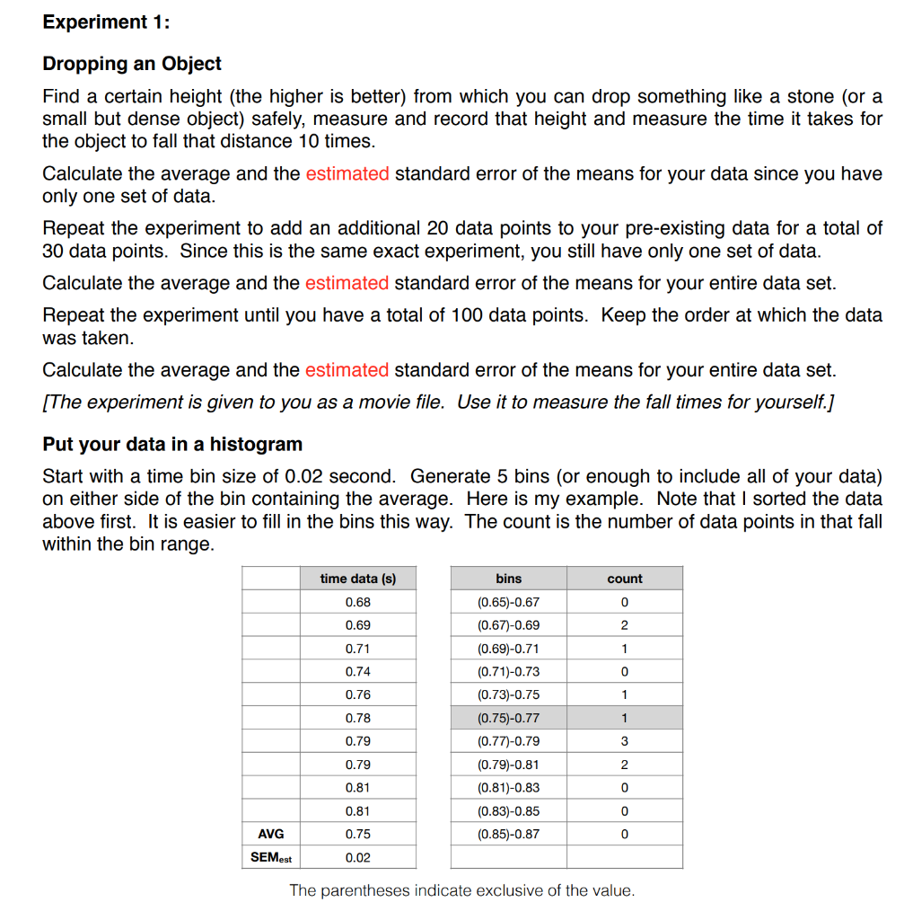 Experiment 1: Dropping an Object Find a certain | Chegg.com