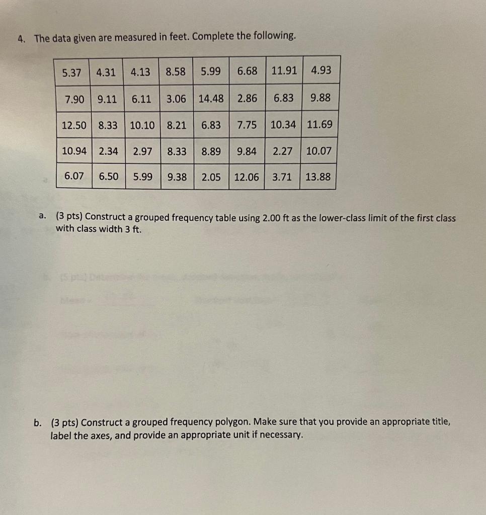 Solved 4. The data given are measured in feet. Complete the | Chegg.com