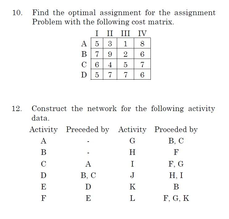 Solved 10. Find the optimal assignment for the assignment | Chegg.com