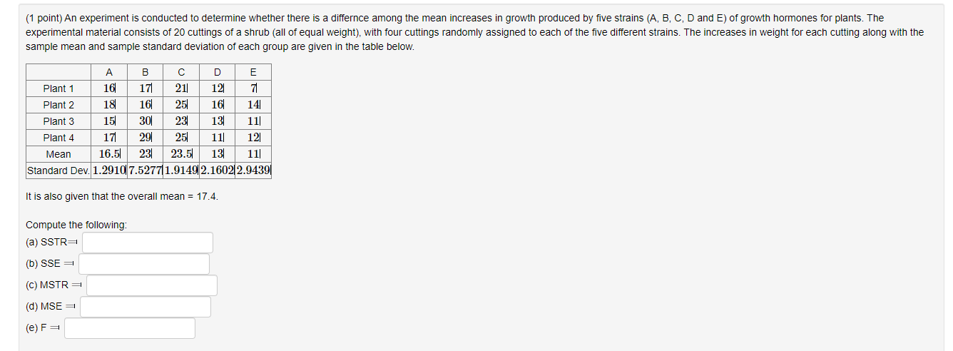 Solved (1 point) An experiment is conducted to determine | Chegg.com