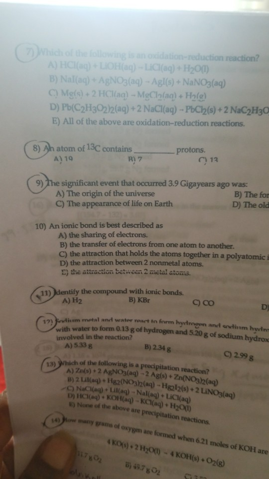 Solved which of the following is oxidation- reduction | Chegg.com