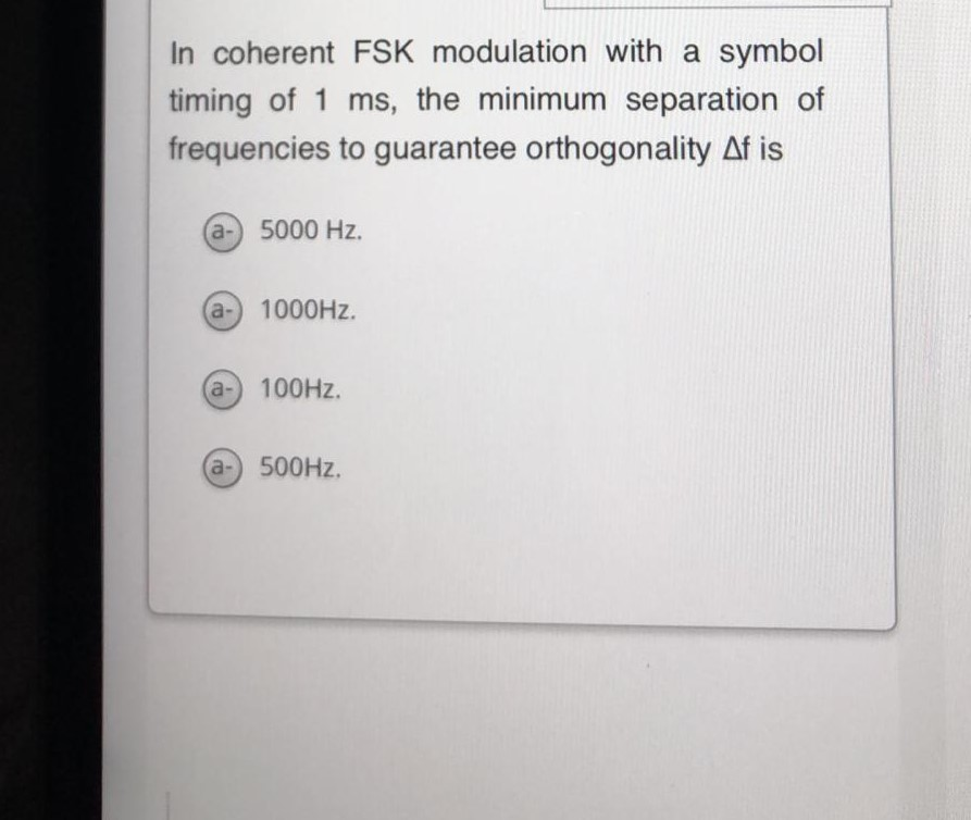 Solved In coherent FSK modulation with a symbol timing of 1 | Chegg.com