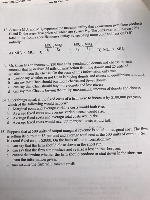 Solved Assume MU_c and Mu_d represent the marginal utility | Chegg.com