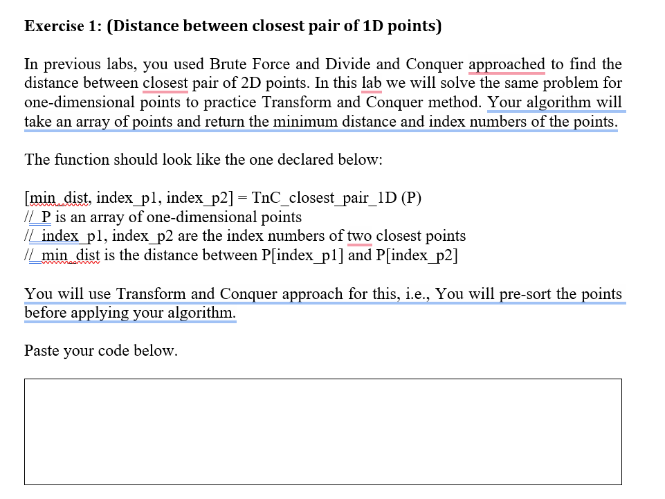 Solved Exercise 1: (Distance between closest pair of 1D | Chegg.com
